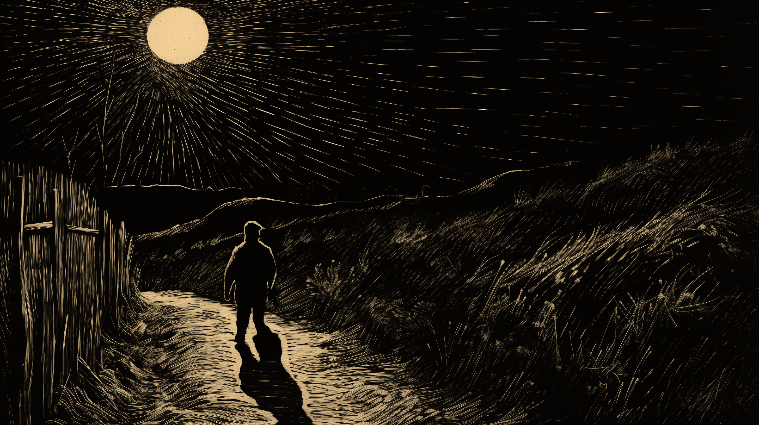 A lone figure beneath the moon in a gold and black illustrated landscape, from A Diary of Madman.