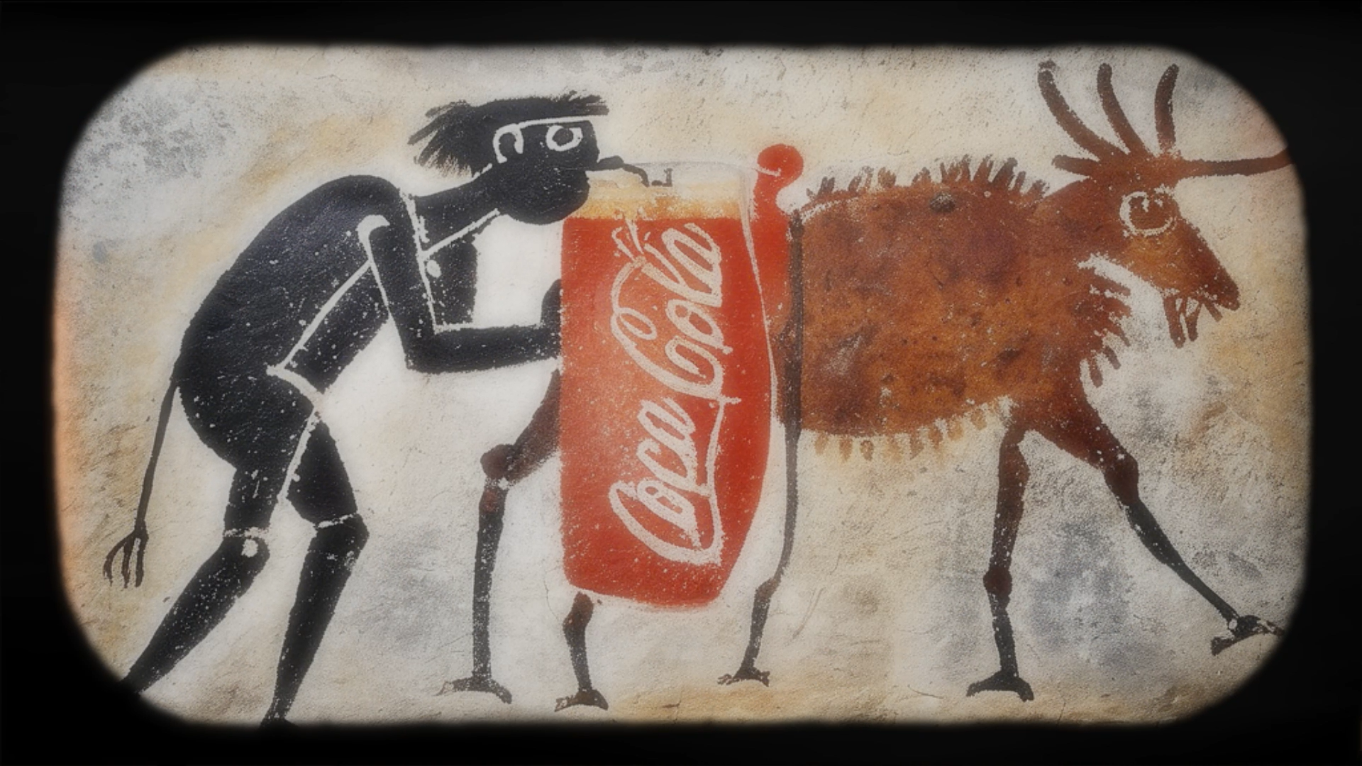 A stylised cave painting of a figure drinking Coca-Cola beside an animal.